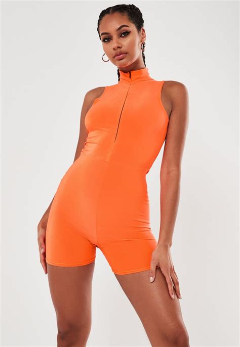 Neon Orange Slinky Zip Front Unitard Orange Outfit Rompers Women