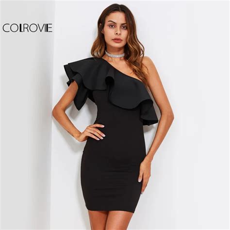 Colrovie One Shoulder Off Elegant Party Dress Women Ruffle Form Fitting Bodycon Summer Dresses