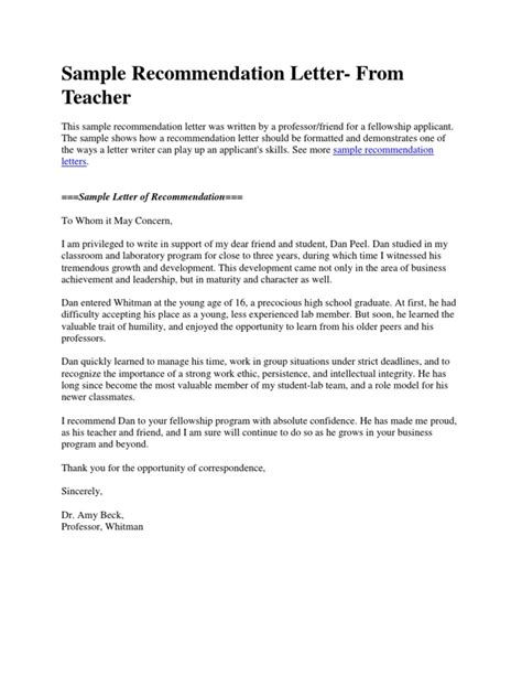 Sample Recommendation Letter From Teacher Docsharetips