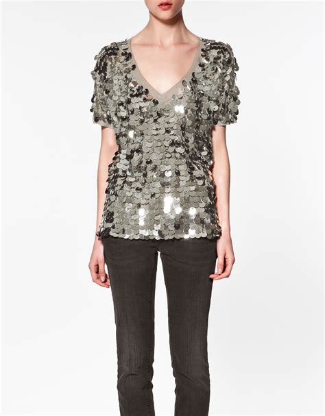 Zara Top With Sequins In Silver Lyst
