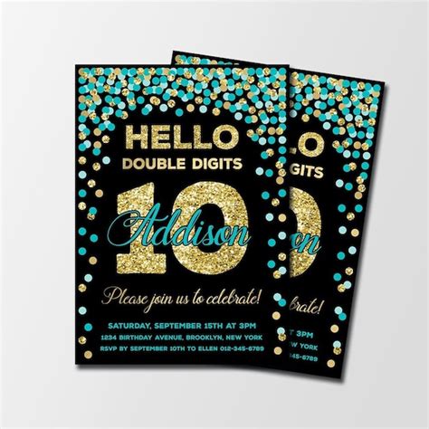 Double Digits Birthday Invitation Teal And Gold Th Birthday Etsy