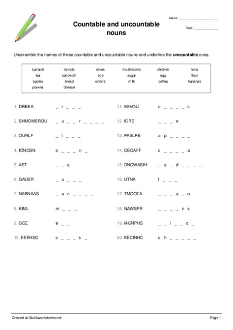 Countable And Uncountable Nouns Word Scramble Quickworksheets