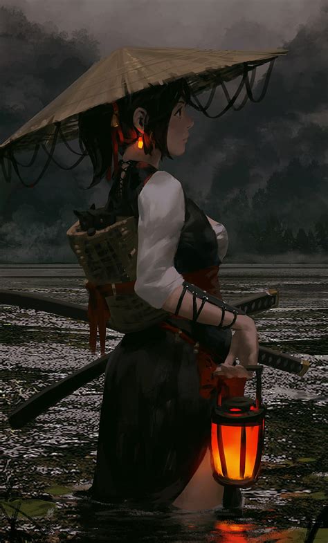 Personajes Originales Chicas Anime D Arte Digital Samurai Guerrera Katana Fondo De