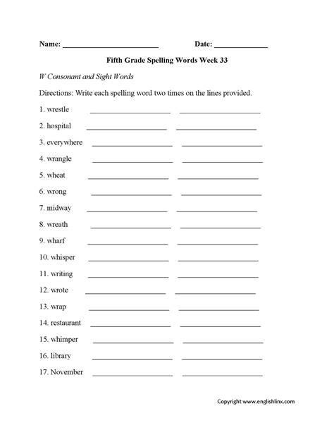 6th Grade Spelling Worksheets