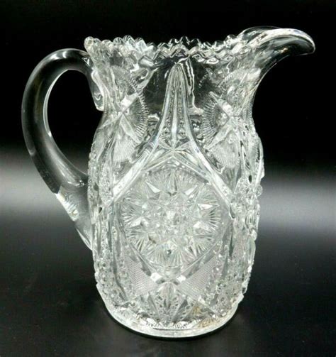 Vintage American Brilliant 9 Tall Star Pattern Cut Glass Pitcher With Handle Ebay