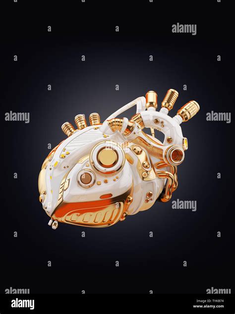 White With Gold Parts Robotic Heart Sci Fi Replacement Organ 3d