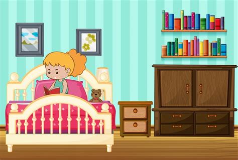 Girl Reading Book On Her Bed 419866 Vector Art At Vecteezy