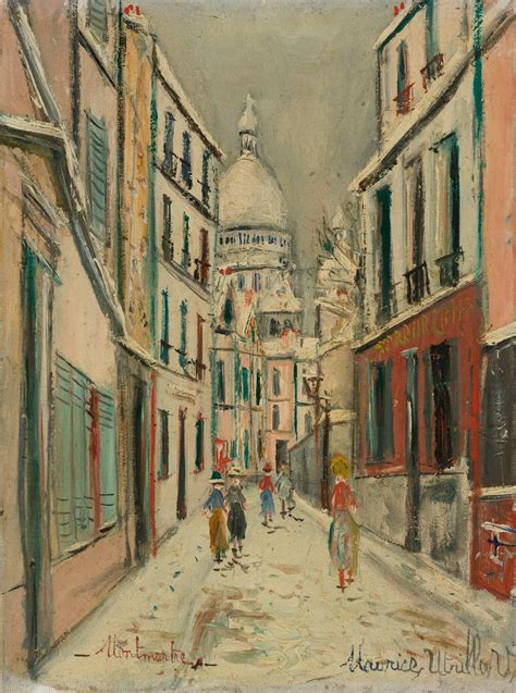 An Oil Painting Of People Walking Down The Street In Front Of Buildings