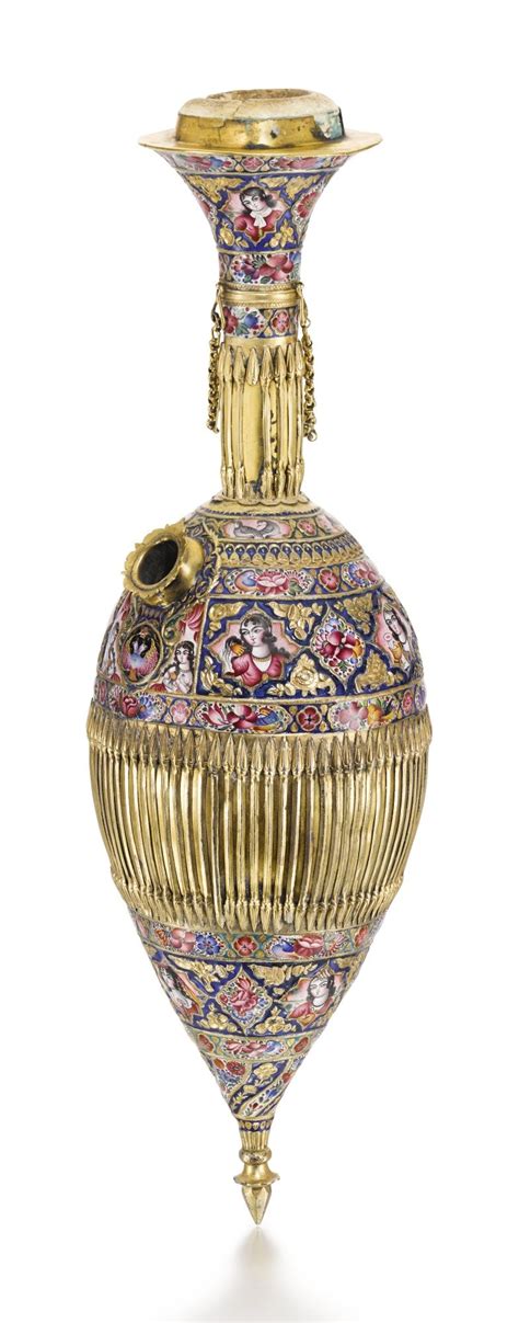 a large qajar gold and enamelled ghalian bottle section and cup persia 19th century islamic