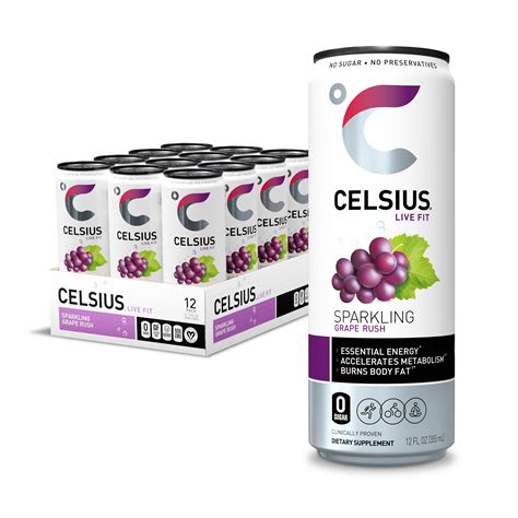Celsius Essential Energy Drink 12 Fl Oz Sparkling Grape Rush Pack Of