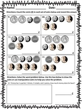 Money Assessment: Identifying Coins, Values, Counting Money & Word Problem