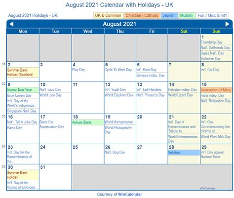 Print Friendly August 2021 UK Calendar for printing