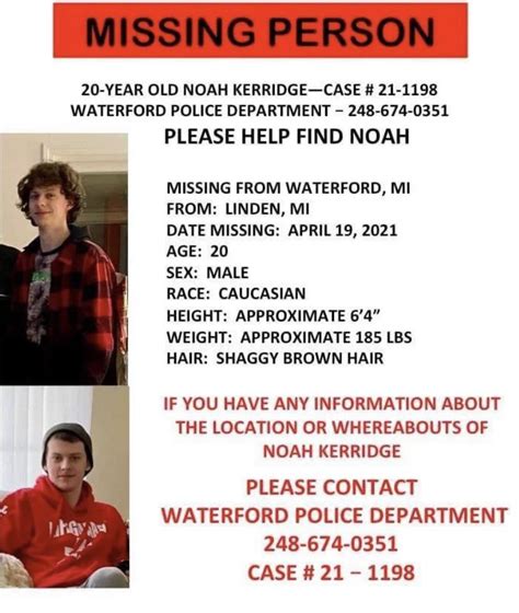 20 Year Old Noah Kerridge Missing From Waterford Has Been Missing For Almost A Month No