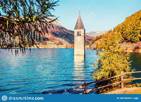 Sunny Autumn View Of Tower Of Sunken Church In Resia Lake Amazing