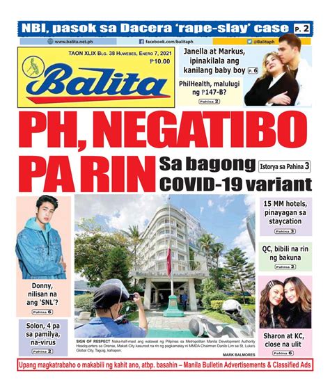 Regional newspapers or those published in the regions are also included. Balita-January 7, 2021 Newspaper - Get your Digital ...