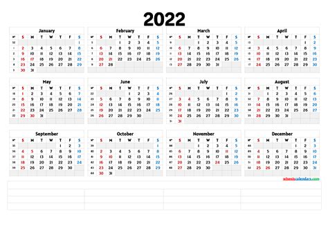 2022 Yearly Calendar Template Word