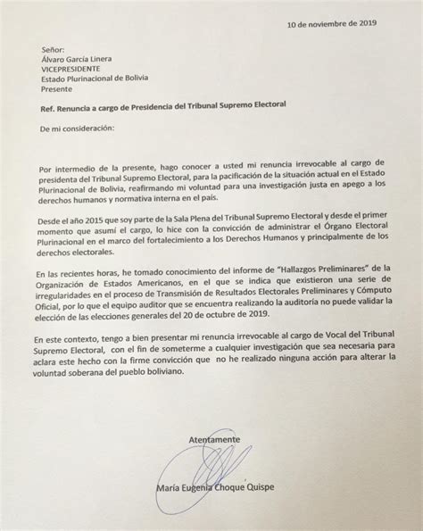 Carta De Renuncia A Cargo De Presidencia Del Tse Bolivia Decide