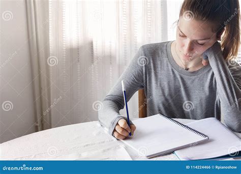 A Female Secondary School Student Doing Homework At Home Stock Photo