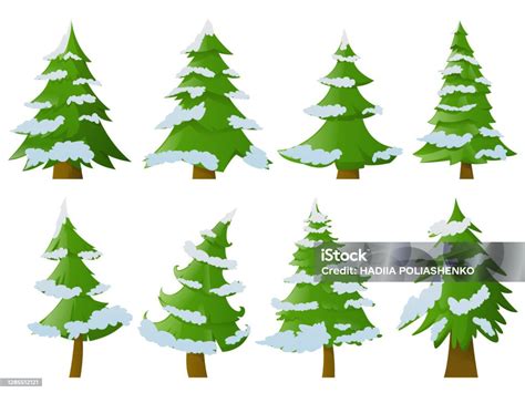 Set Of Christmas Trees With Snow Modern Flat Design New Year And