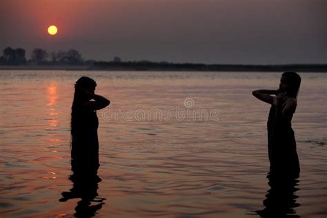 Myanmar Morning Bath Inside Irrawaddy River Editorial Photography