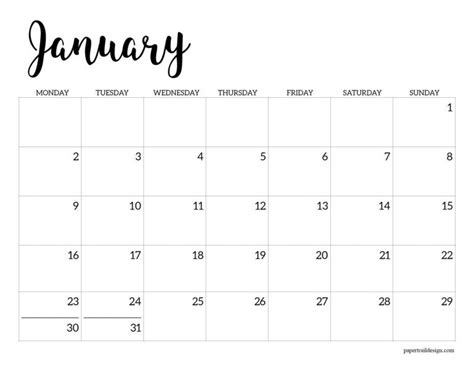 Print This Monday Start Black And White January 2023 Calendar Page For