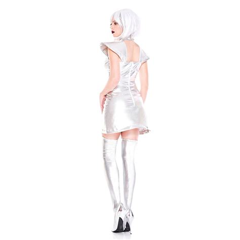 Sexy Silver Metallic Space Girl Wet Look Mini Dress Adult Cosplay Halloween Costume N19094