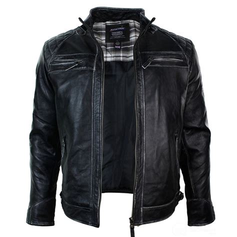 Real Leather Retro Style Zipped Mens Biker Jacket Soft Black Vintage