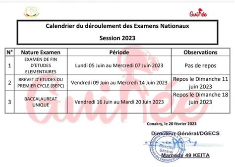 Guinée Voici Le Calendrier Des Examens Nationaux Session 2023
