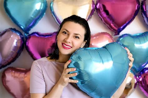 Woman With Pink Lips Holds Heart Shaped Balloon In Hands On Valentine S