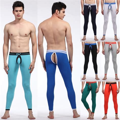 Mens Cotton Thermal Underpants Ass Open Front Taking Gay Wear Hollow