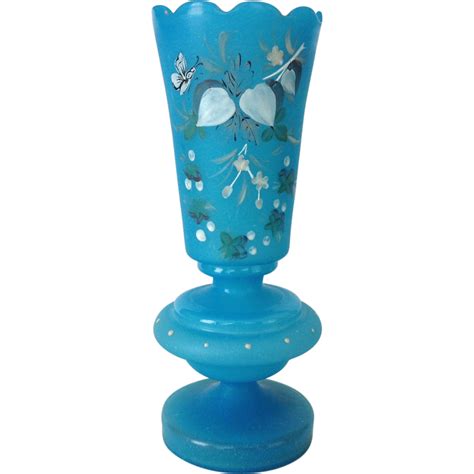 Blue Satin Botanical With Butterfly Motif Bristol Glass Vase Circa 1900