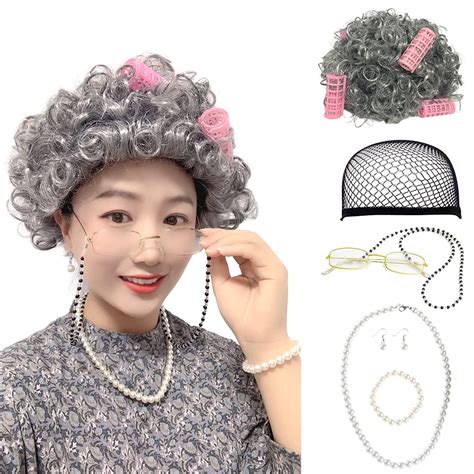 Amazon Com Old Lady Costume For Women Grandma Wig Old Lady Wig Granny Cosplay Wig With Hair