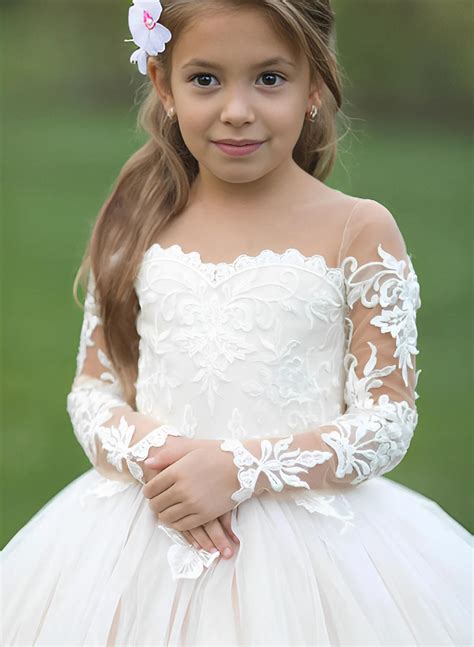 a line illusion neck long sleeves sweep train tulle flower girl dresses with appliques lace