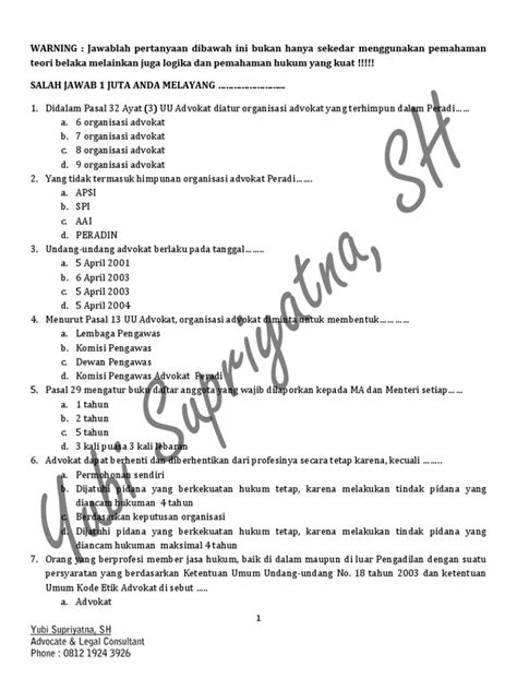 Contoh soal ujian sppi : Contoh soal ujian advokat