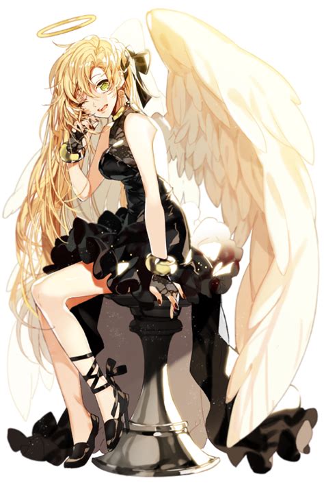 safebooru 1girl angel angel wings blonde hair bracelet breasts chair dress fingerless gloves