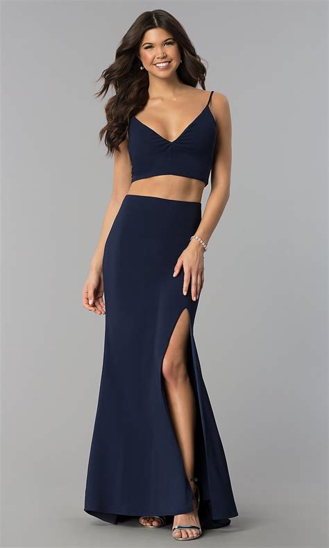 Two Piece Navy Blue Long Prom Dress With Side Slit