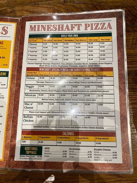 Menu Of The Mineshaft Restaurant In Oshkosh Wi 54902