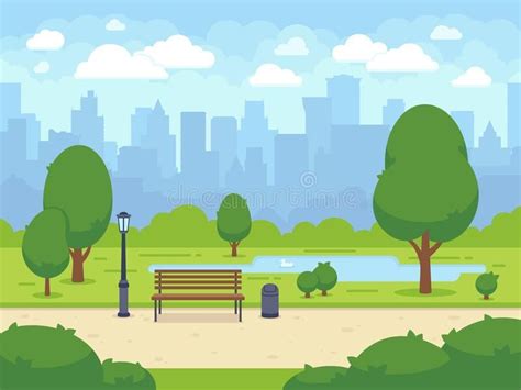 City Summer Park With Green Trees Bench Walkway And Lantern Cartoon