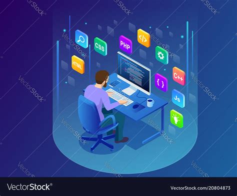 Isometric Developing Programming And Coding Vector Image
