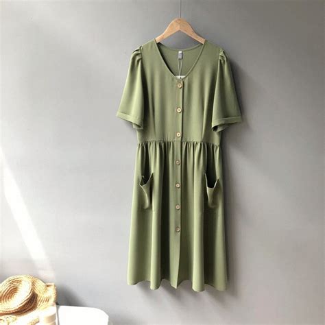 Loose Casual Green Dress Women Summer Single Breasted Short Sleeve