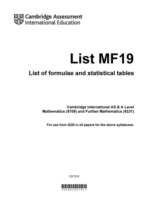 Mf19 Formulae Sheet List Mf List Of Formulae And Statistical Tables