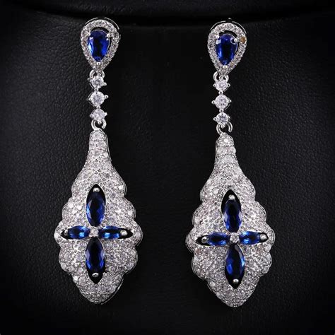 J Store Luxury Blue Cubic Zirconia Crystal Big Drop Earrings For Women