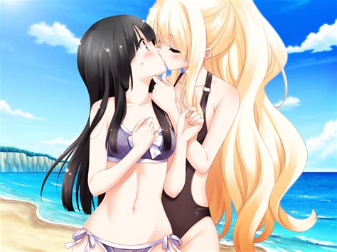 rule 34 2girls beach bikini black hair black swimsuit blush chin grab female hime cut