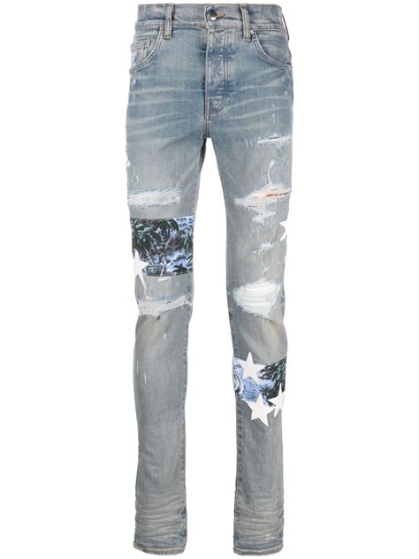 Amiri Distressed Effect Star Patch Skinny Jeans In Blue Modesens