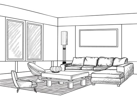 Home Living Room Interior Outline Sketch Of Furniture With Sofa