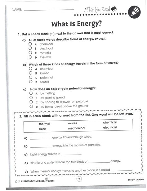 Potential And Kinetic Energy Worksheet Answer Key