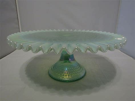 Mavin Vintage Fenton Green Opalescent Glass Hobnail Pedestal Cake Plate Stand Ruffled