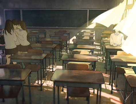 Free Download Hd Wallpaper Anime School Classroom Desks Wind