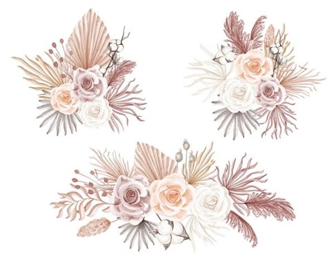 Watercolor Boho Floral Bouquet Clipart Boho Flowers And Dried Palm