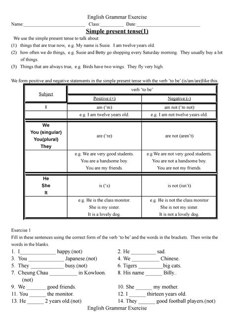 English Exercises Tenses English Grammar Exercise Name